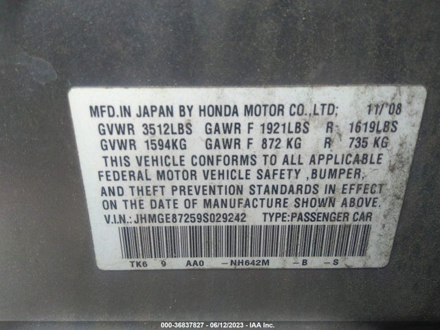 2009 HONDA FIT VIN: JHMGE87259S029242