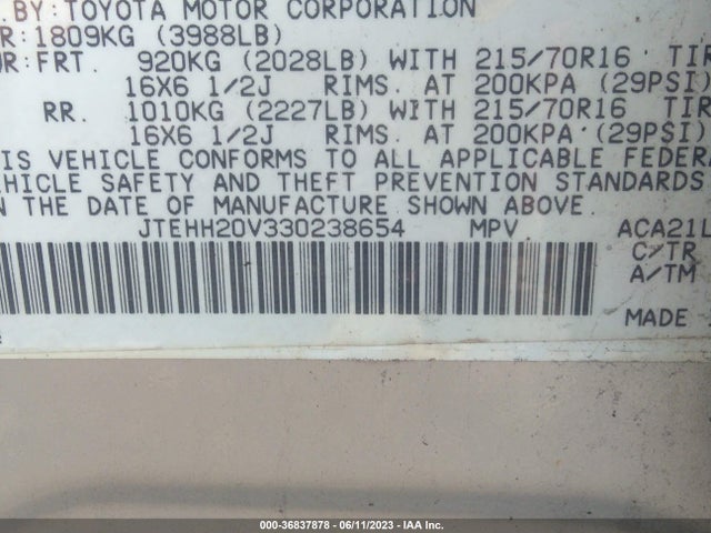 2003 TOYOTA RAV4 VIN: JTEHH20V330238654