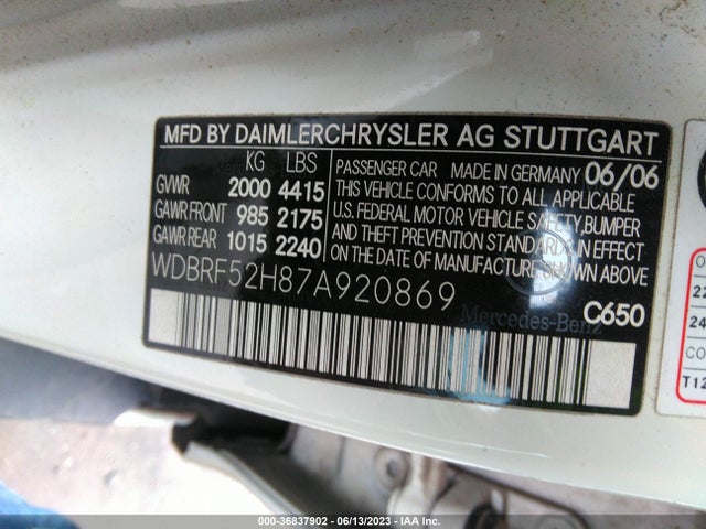 2007 Mercedes-benz C-class 2.5l Sport მანქანა იყიდება აუქციონზე, vin: WDBRF52H87A920869, აუქციონის ნომერი: 36837902