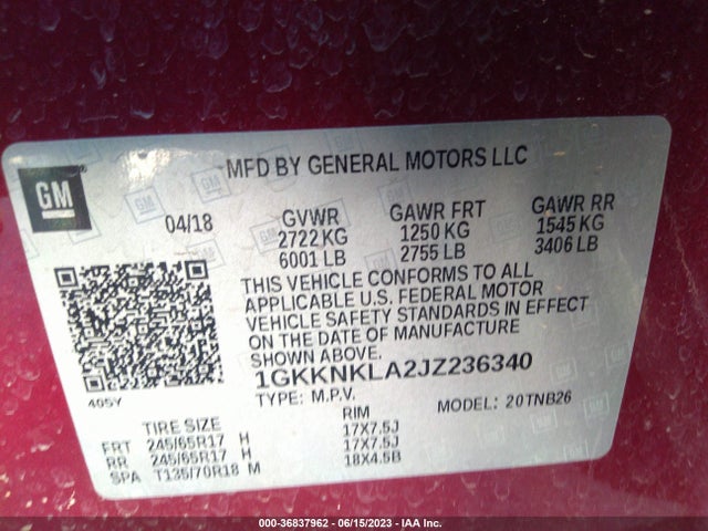 GMC ACADIA SLE 2018 1GKKNKLA2JZ236340 Image 9