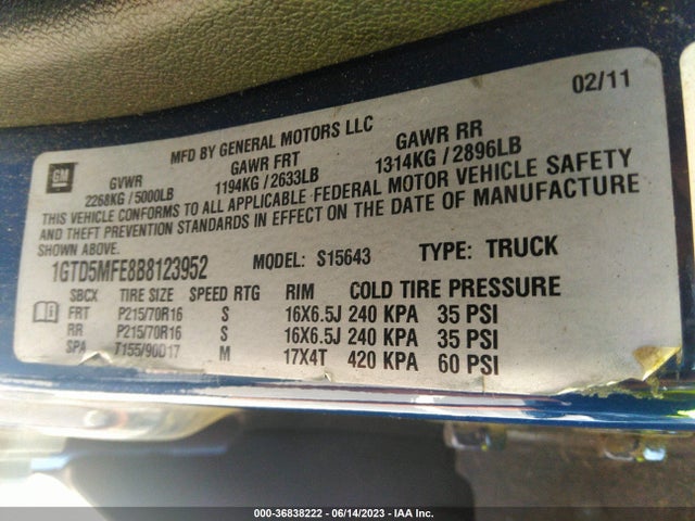 2011 GMC CANYON SLE1 VIN: 1GTD5MFE8B8123952