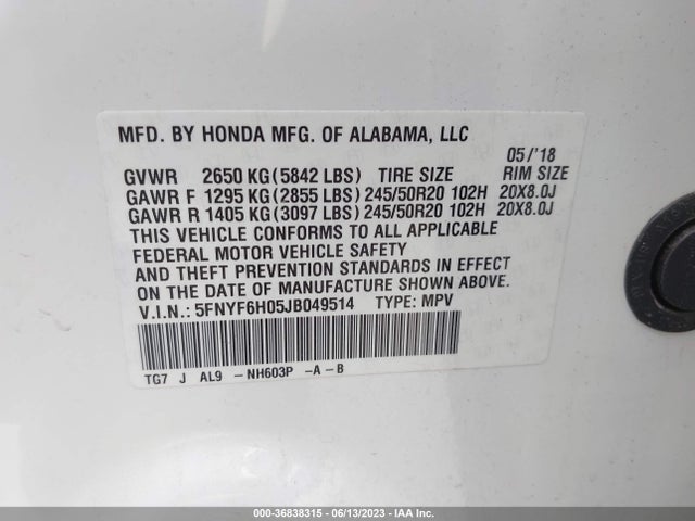 Honda Pilot Elite 2018 5FNYF6H05JB049514 Image 9