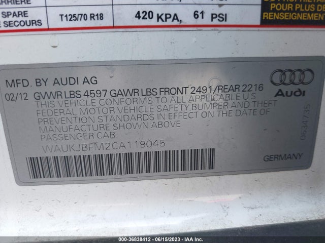 2012 AUDI A3 2.0 TDI PREMIUM PLUS VIN: WAUKJBFM2CA119045