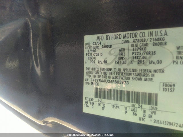 2004 FORD RANGER XL FLEET VIN: 1FTYR44U34PB03973