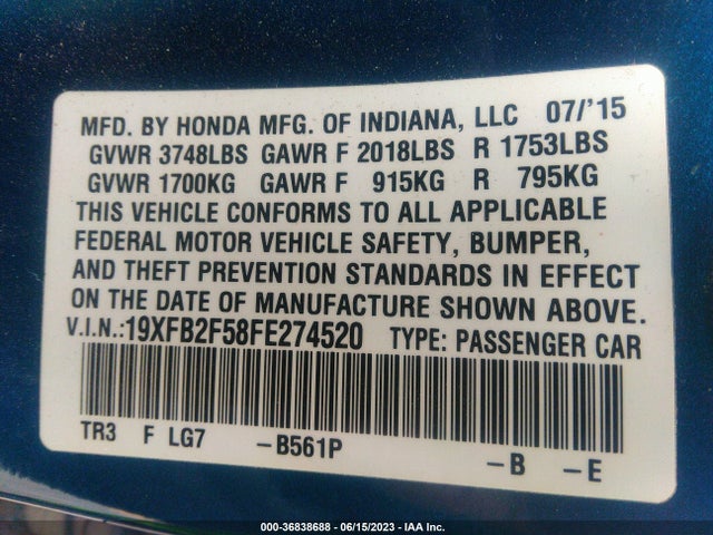 Honda Civic Sedan Lx 2015 19XFB2F58FE274520 Image 9
