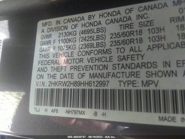 Honda Cr-v Ex-l 2017 2HKRW2H89HH612997 Image 9