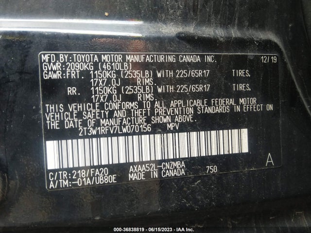 2020 TOYOTA RAV4 XLE VIN: 2T3W1RFV7LW070156