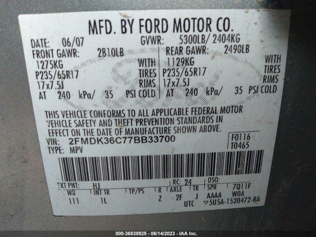 2007 FORD EDGE SE VIN: 2FMDK36C77BB33700
