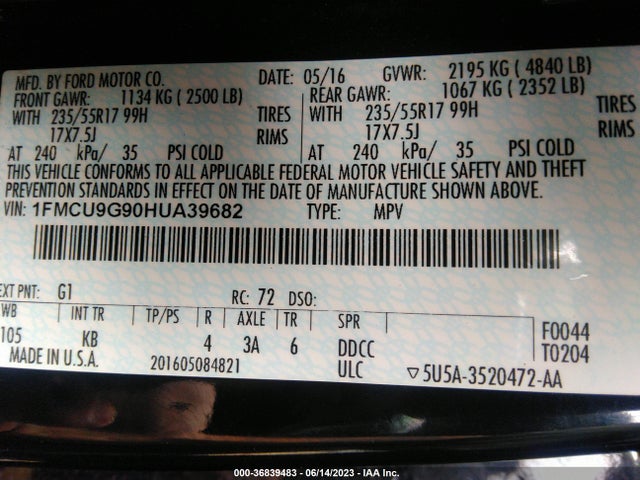 Ford ESCAPE SE 2017 1FMCU9G90HUA39682 Image 10