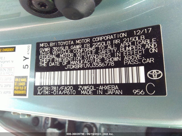 Toyota Prius Two/two Eco/three 2018 JTDKBRFU9J3586778 Image 9