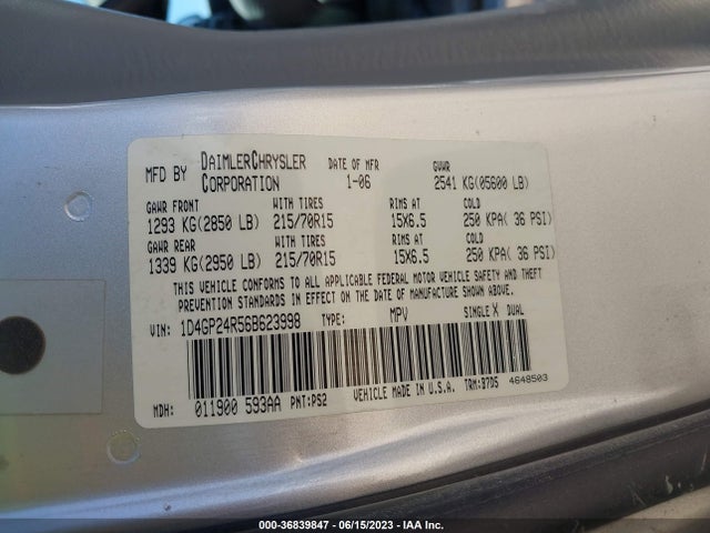 2006 DODGE GRAND CARAVAN SE VIN: 1D4GP24R56B623998