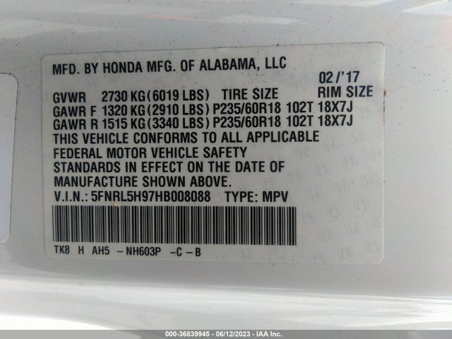 Honda Odyssey Touring 2017 5FNRL5H97HB008088 Image 9
