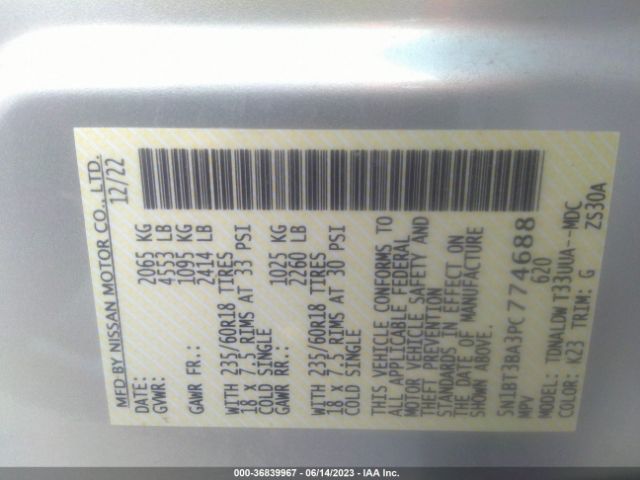 5N1BT3BA3PC774688 Nissan ROGUE SV