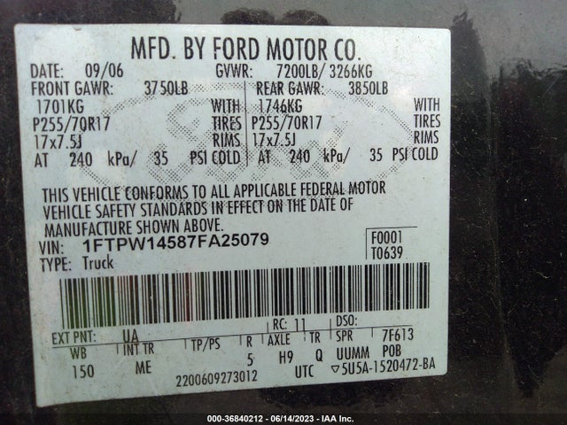 2007 FORD F-150 XLT/FX4/LARIAT/KING RANCH VIN: 1FTPW14587FA25079