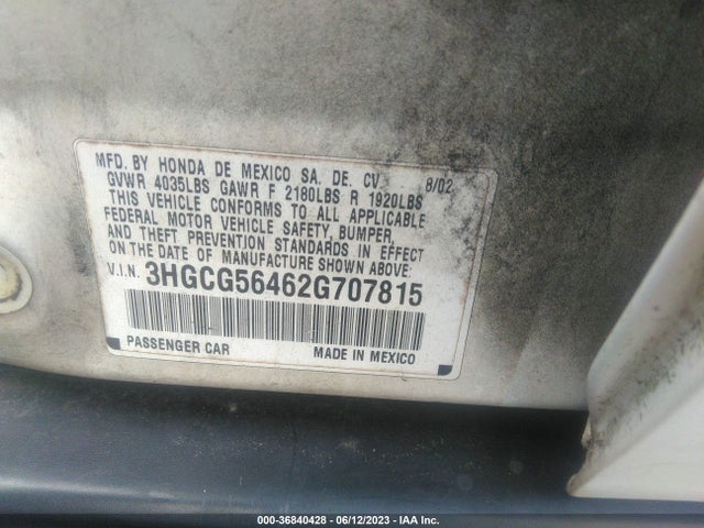 2002 HONDA ACCORD SDN LX VIN: 3HGCG56462G707815