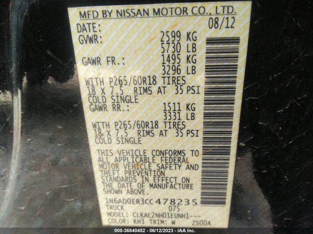 2012 NISSAN FRONTIER SV VIN: 1N6AD0ER3CC478235