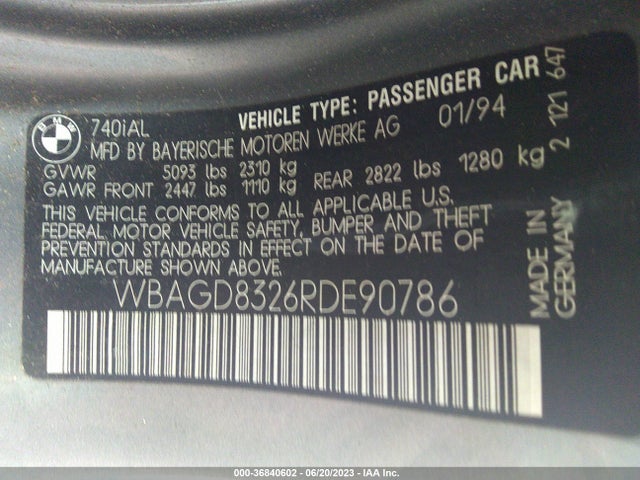1994 BMW 740 IL AUTOMATIC VIN: WBAGD8326RDE90786