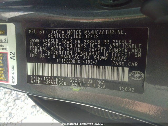 2012 TOYOTA AVALON VIN: 4T1BK3DB6CU448347