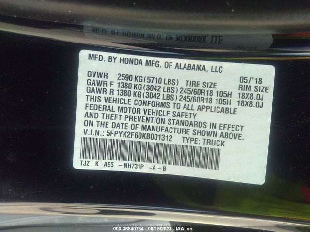 Honda Ridgeline Rtl-t 2019 5FPYK2F60KB001312 Image 9