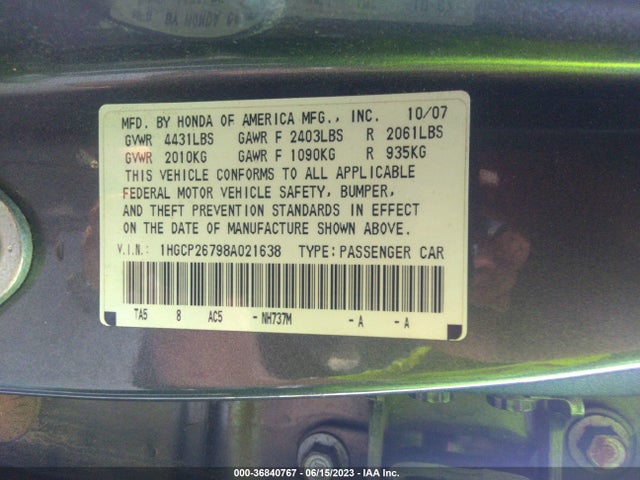 2008 HONDA ACCORD SDN EX VIN: 1HGCP26798A021638