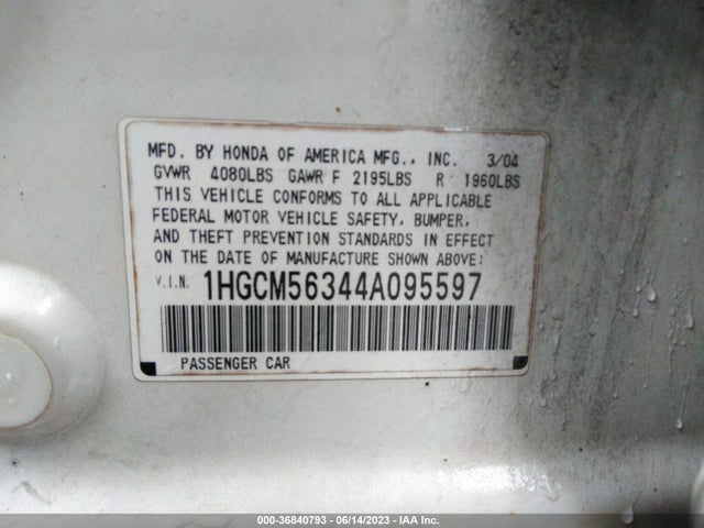 2004 HONDA ACCORD SDN LX VIN: 1HGCM56344A095597