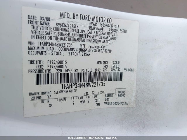 2008 FORD FOCUS S VIN: 1FAHP34N48W221735