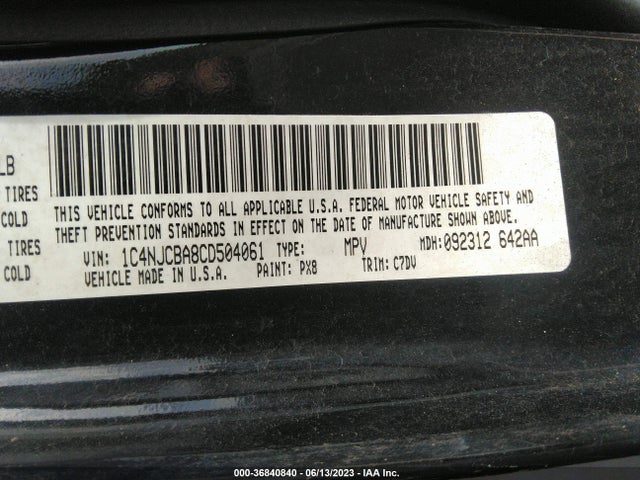 2012 JEEP COMPASS SPORT VIN: 1C4NJCBA8CD504061
