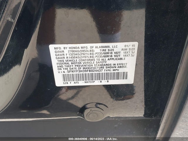 Honda PILOT SE 2015 5FNYF3H39FB024437 Image 9