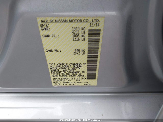 2015 NISSAN ALTIMA 2.5 S VIN: 1N4AL3AP0FC231230