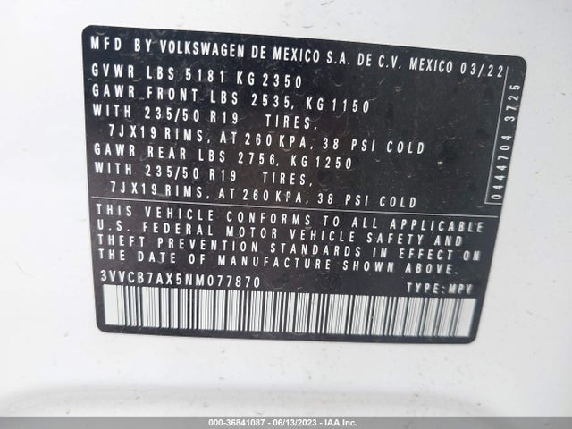 2022 VOLKSWAGEN TIGUAN SE R-LINE BLACK VIN: 3VVCB7AX5NM077870