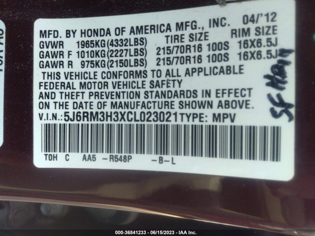 2012 HONDA CR-V LX VIN: 5J6RM3H3XCL023021