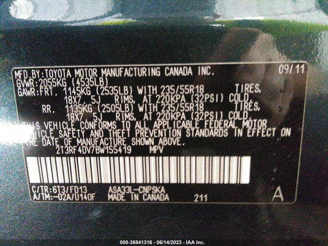 2011 TOYOTA RAV4 SPORT VIN: 2T3RF4DV7BW155419