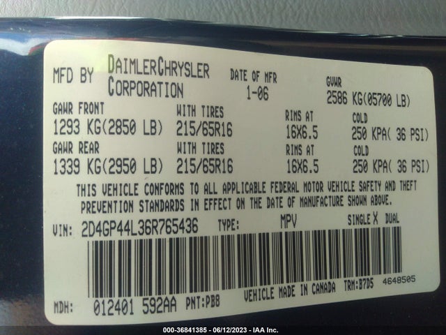 2006 DODGE GRAND CARAVAN SXT VIN: 2D4GP44L36R765436