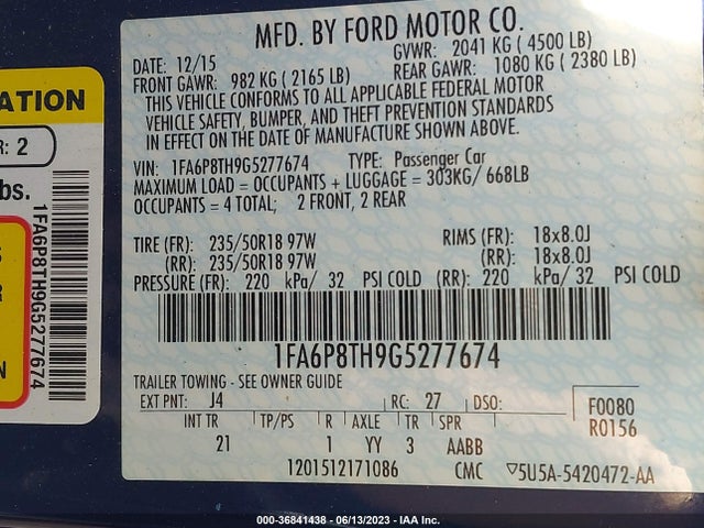 2016 FORD MUSTANG ECOBOOST VIN: 1FA6P8TH9G5277674