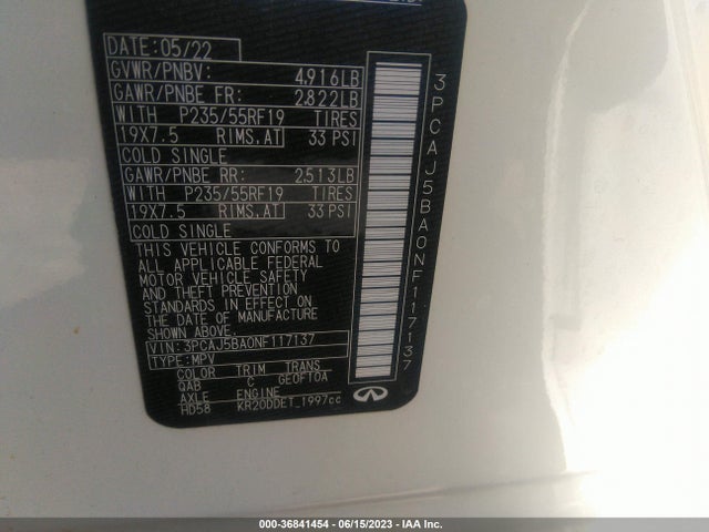 2022 Infiniti QX50, VIN: 3PCAJ5BA0NF117137