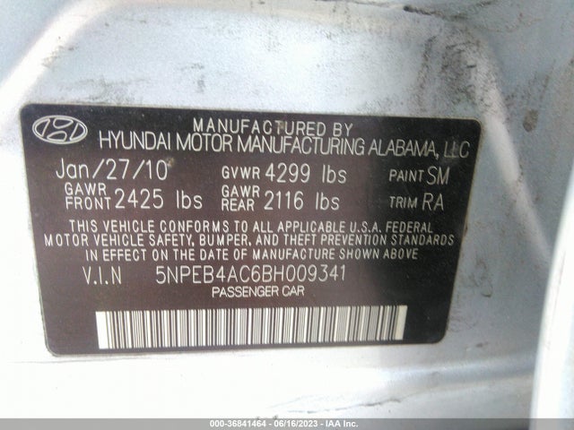 2011 HYUNDAI SONATA GLS VIN: 5NPEB4AC6BH009341