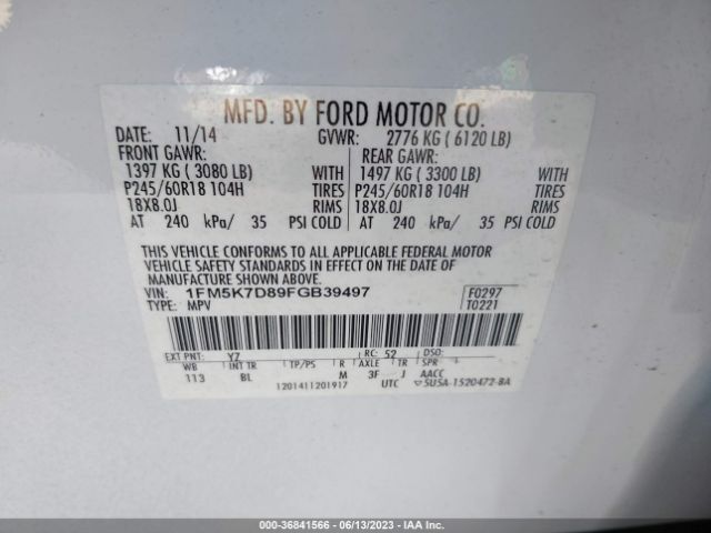 1FM5K7D89FGB39497 Ford EXPLORER XLT
