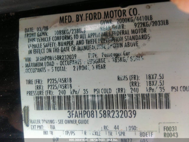 2008 FORD FUSION SEL VIN: 3FAHP08158R232039