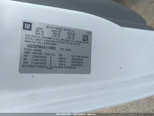 2010 CHEVROLET EXPRESS CARGO VAN VIN: 1GCZGFBAXA1174682