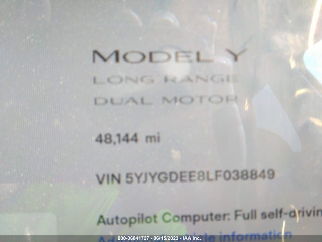 2020 TESLA MODEL Y LONG RANGE VIN: 5YJYGDEE8LF038849