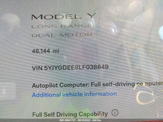 2020 TESLA MODEL Y LONG RANGE VIN: 5YJYGDEE8LF038849