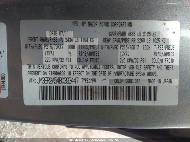 2011 MAZDA CX-7 I SV VIN: JM3ER2A54B0393447