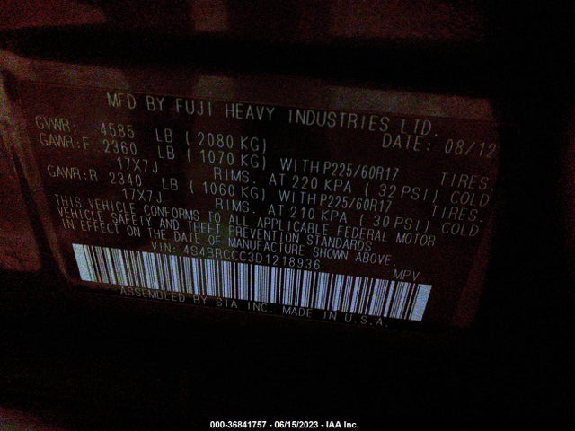 2013 SUBARU OUTBACK 2.5I PREMIUM VIN: 4S4BRCCC3D1218936