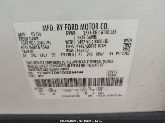 1FM5K7D81GGB94494 Ford EXPLORER XLT