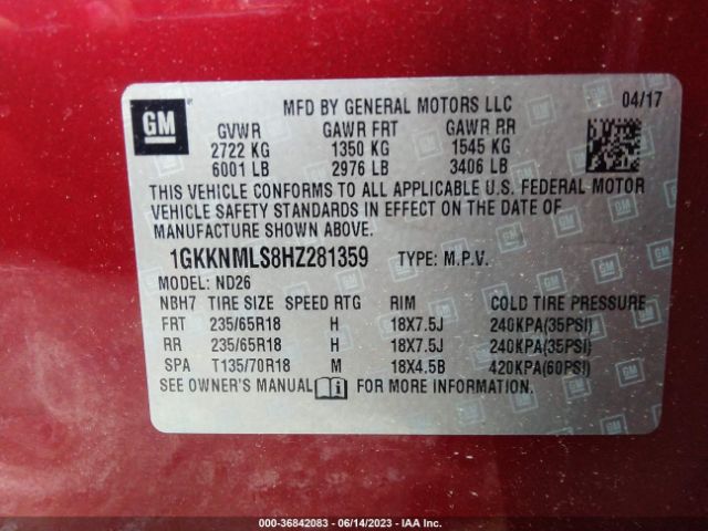 1GKKNMLS8HZ281359 GMC ACADIA SLT