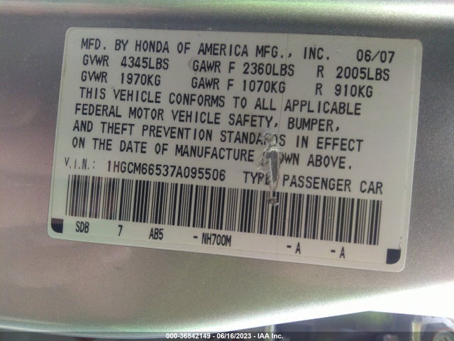 2007 HONDA ACCORD SDN EX-L VIN: 1HGCM66537A095506