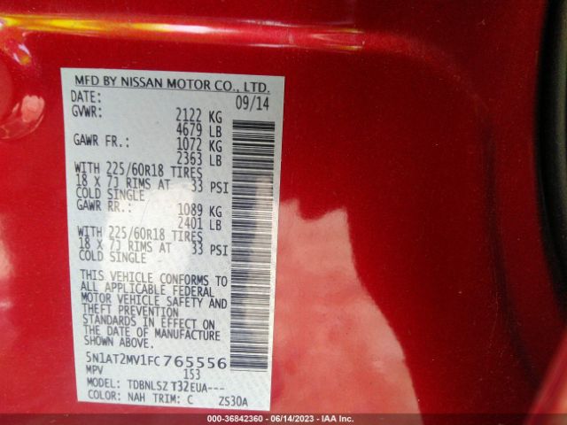 5N1AT2MV1FC765556 Nissan Rogue Sl