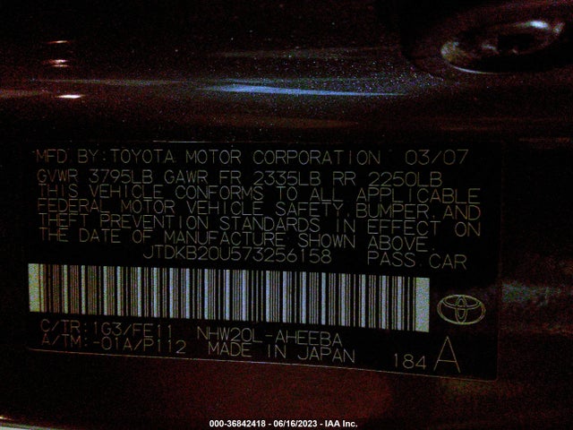 2007 TOYOTA PRIUS VIN: JTDKB20U573256158
