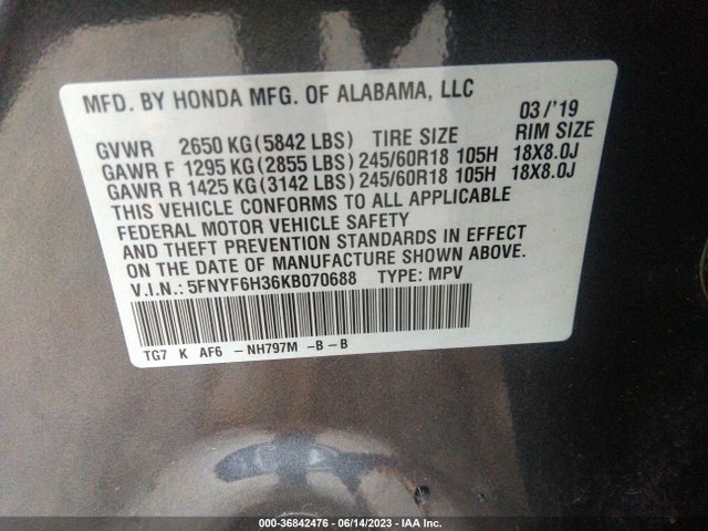 Honda Pilot Ex 2019 5FNYF6H36KB070688 Image 9