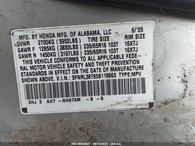 2005 HONDA ODYSSEY EX-L VIN: 5FNRL38785B118663
